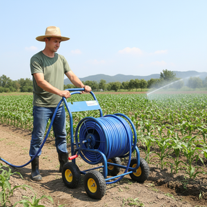 畅销金属蓝色手推车式花园浇水车，4轮可调节水管卷盘车，适用于农场 - Product Image 3