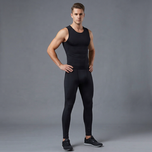 Men's Full Length Compression Leggings Solid Black Elastic Waist <b>Spandex</b> Nylon Athletic Workout <b>Pants</b> - Product Image 1