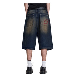 Shorts en jean vintage à jambe large pour homme, taille mi-haute, coupe droite, style streetwear, avec broderie de logo personnalisé et délavage acide - Product Image 2