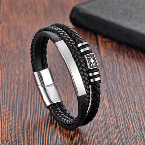 Men's Antique Symbol Bar <b>Bracelet</b> | Braided Genuine <b>Leather</b> With Magnetic Clasp & Stainless Steel Accents | Stylish Gift for Him - Product Image 2