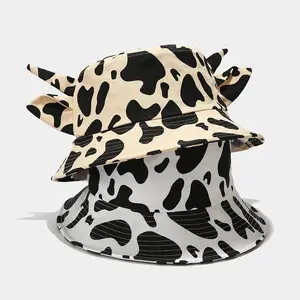 Dessin animé pêcheur chapeau femme flexible pliant oreilles forme vache impression seau chapeau prêt à expédier vache motif vache oreilles seau chapeau