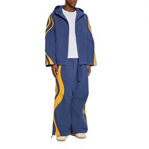 Ensemble de survêtement décontracté pour homme, bleu et jaune, à capuche, avec cordon de serrage, coupe régulière, imprimé, pantalon et sweat-shirt, collection automne - Product Image 1