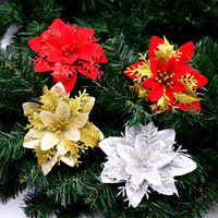 Bunga Poinsettia Buatan Berlapis Glitter Emas Natal 13CM, Aksesoris Untuk Pohon Natal dan Karangan Bunga