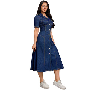 YUANBOFEI Women's Denim Shirt Dress Button Down Jean Midi Dress <strong>Short</strong> Sleeve Dark &amp; Light Wash Casual A-Line Elastic Waist Dress - Product Image 4