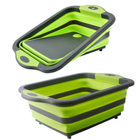 Planche à découper multifonctionnelle moderne et portable 2 en 1, pliable et pliable, en plastique, avec panier de lavage.