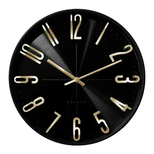 Reloj de pared de plástico negro para sala de estar, accesorio decorativo de lujo, redondo, silencioso, grande, 3D, nórdico, personalizado, 12 pulgadas