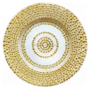 Yunzhifan Irregular 33 Cm Lace Glass Tray Western Dinner Plate With White Gold Rim