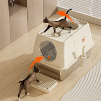 Bac à litière pour chat à commande manuelle, en acier inoxydable, avec couvercle rabattable, contrôle des odeurs, structure double couche, rideau d'entrée, facile à nettoyer, grand format