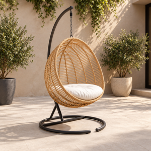 Outdoor Rattan Hanging <b>Egg</b> <b>Chair</b> with White Cushion Contemporary Patio Swing for <b>Garden</b> Poolside Use - Product Image 1