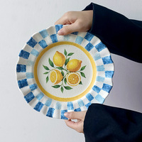 Assiette de dîner en céramique avec logo personnalisé, motif citron sous glaçure, style rétro à carreaux, assiette à dessert en céramique givrée