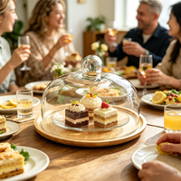 Plateau à gâteau avec couvercle en verre anti-poussière pour présenter des pâtisseries et desserts sans poussière, plateau rond en bois de bambou