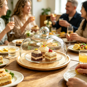 <span class=keywords><strong>Plateau</strong></span> à gâteau avec couvercle en <span class=keywords><strong>verre</strong></span> anti-poussière pour présenter des pâtisseries et desserts sans poussière, <span class=keywords><strong>plateau</strong></span> rond en bois de bambou - Product Image 5