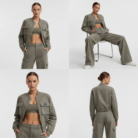 Ensemble de survêtement cargo utilitaire pour femme, veste bomber courte, pantalon cargo large, haut de sport côtelé, 3 pièces, streetwear, vente en gros