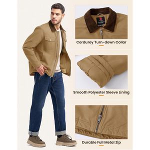 Rdruko Men's Canvas Barn Jacket 100% Cotton Sherpa <b>Lined</b> Turn-down Collar Work <b>Coat</b> Detroit Winter Jacket - Product Image 6
