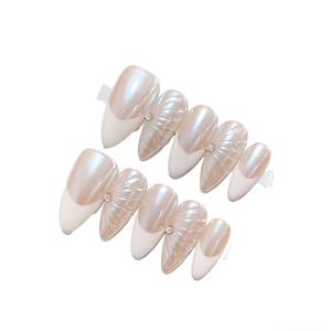 Uñas Postizas Francesas con Diamantes Hechas a Mano, Uñas Artificiales de Longitud Media en Forma de Almendra, Pegamento de Larga Duración para Chicas y Mujeres - Product Image 5