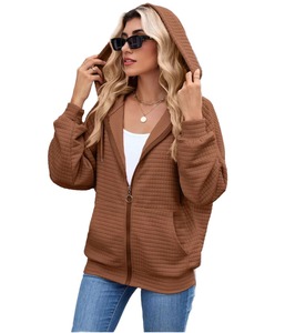 Oversized Hooded Zip-Up <b>Sweatshirt</b> Solid Color <b>Quilted</b> Fleece Casual Autumn Wear Unisex Regular Fit Brown Women For Sale - Product Image 3