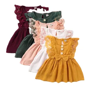 Thời Trang Mùa Hè Trẻ Em Dresses Ren Tay Áo Smocking Eo Bow Frocks Mềm Rắn Bông Bé Cô Gái Ăn Mặc