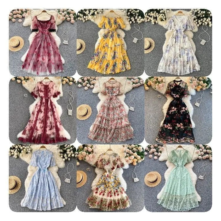 Spring Autumn Vintage Long Sleeve Bow Midi Dress Women Summer Casual Style Floral Printed Chiffon Dress