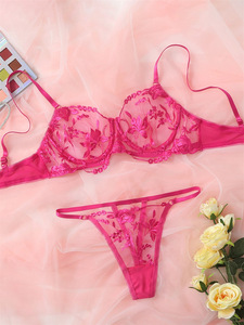 In Stock Hot Sexy Perspective Underwear Flower Embroidery Lingerie Two Sets - Product Image 4
