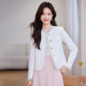 White Women's Blazer With Ruffled Trim Solid Color Polyester Worsted Spring Autumn Style - Product Image 1