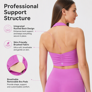 Custom Logo Halter Neck Yoga <strong>Bra</strong> Removable Pads High Stretch Workout <strong>Bandeau</strong> Athletic Top Ruched Back <strong>Sports</strong> <strong>Bra</strong> for Gym Fitness - Product Image 2