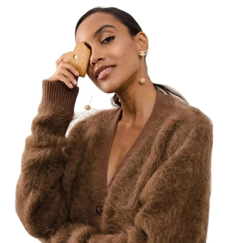 2023 Alpaca Chunky Knit Cardigan Women Brown Drop Shoulder Cardigan Women Oversize Mohair Sweaters