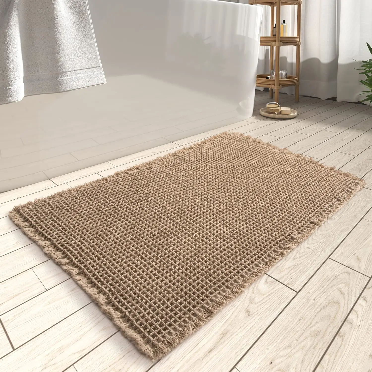 Alfombrillas de baño Waffle, alfombrillas de baño antideslizantes superabsorbentes para suelo de baño, alfombras de baño lavables a máquina con borlas