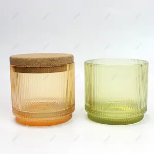 Modern Luxury Cut Blue Gradient Ribbed Glass Candle Holder 10oz Clear Luxury Colored Glass Candle Jar With Lid and Box