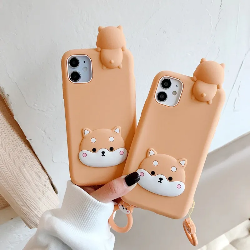 3D Dessin Animé Mignon Shiba Inu Chien Chiot pour iPhone 12 Mini 11 XS Max X XR En Silicone Souple couverture arrière avec Bague