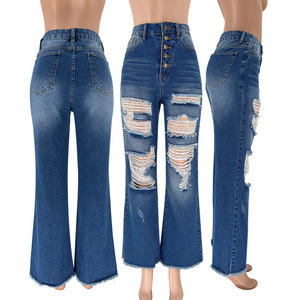 Pantalones vaqueros rasgados azules para mujer, elásticos de Vaqueros cintura alta, Vaqueros lavados, acampanados - Product Image 5