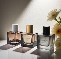 Flacons de parfum carrés de luxe en verre coloré avec couvercle, capacités 30ml et 50ml, tête de pulvérisation transparente avec boîte et sac d'emballage