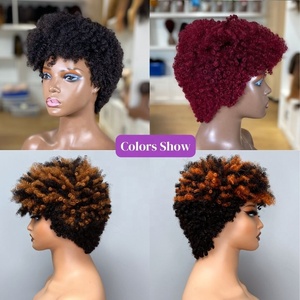 Perruque <span class=keywords><strong>Cheveux</strong></span> Humains Brésiliens <span class=keywords><strong>Afro</strong></span> Crépus, Courte, Fabriquée à la Machine, Avec Frange, <span class=keywords><strong>Cheveux</strong></span> Alignés Cuticules, Vente en Gros, Perruques Économiques pour Femmes Noires - Product Image 5