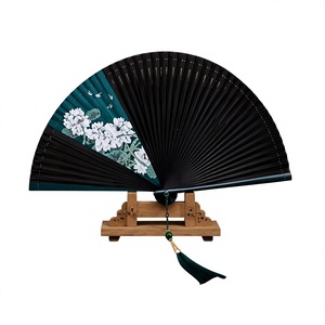 Handmade Modern Folding <b>Fan</b> with Floral Design Painted Green Tassel Art Collectible Wooden <b>Stand</b> Display - Product Image 1