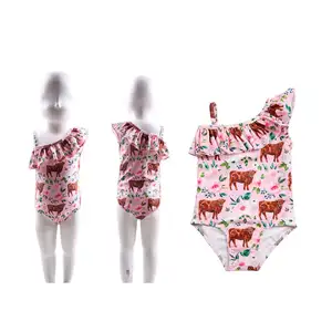 Factory Custom Baby Girls 1 Piece Fitness Swimsuit Boutique Children Pink Prints Swimsuit Children Bikini