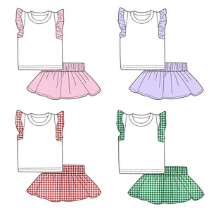 New arrival plain kids girls two piece skirt set ruffle sleeve cotton baby girls clothing sets