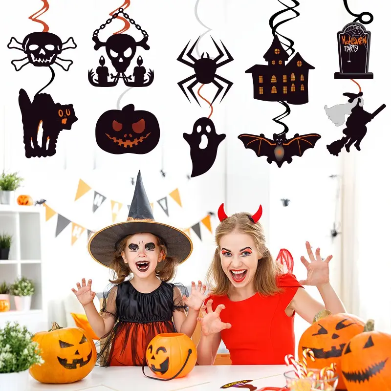 10pcs Hanging Banners Halloween Party Balloons Kit Pumpkins Black Cats Witches Glitters Balloons Ghosts for Halloween Party