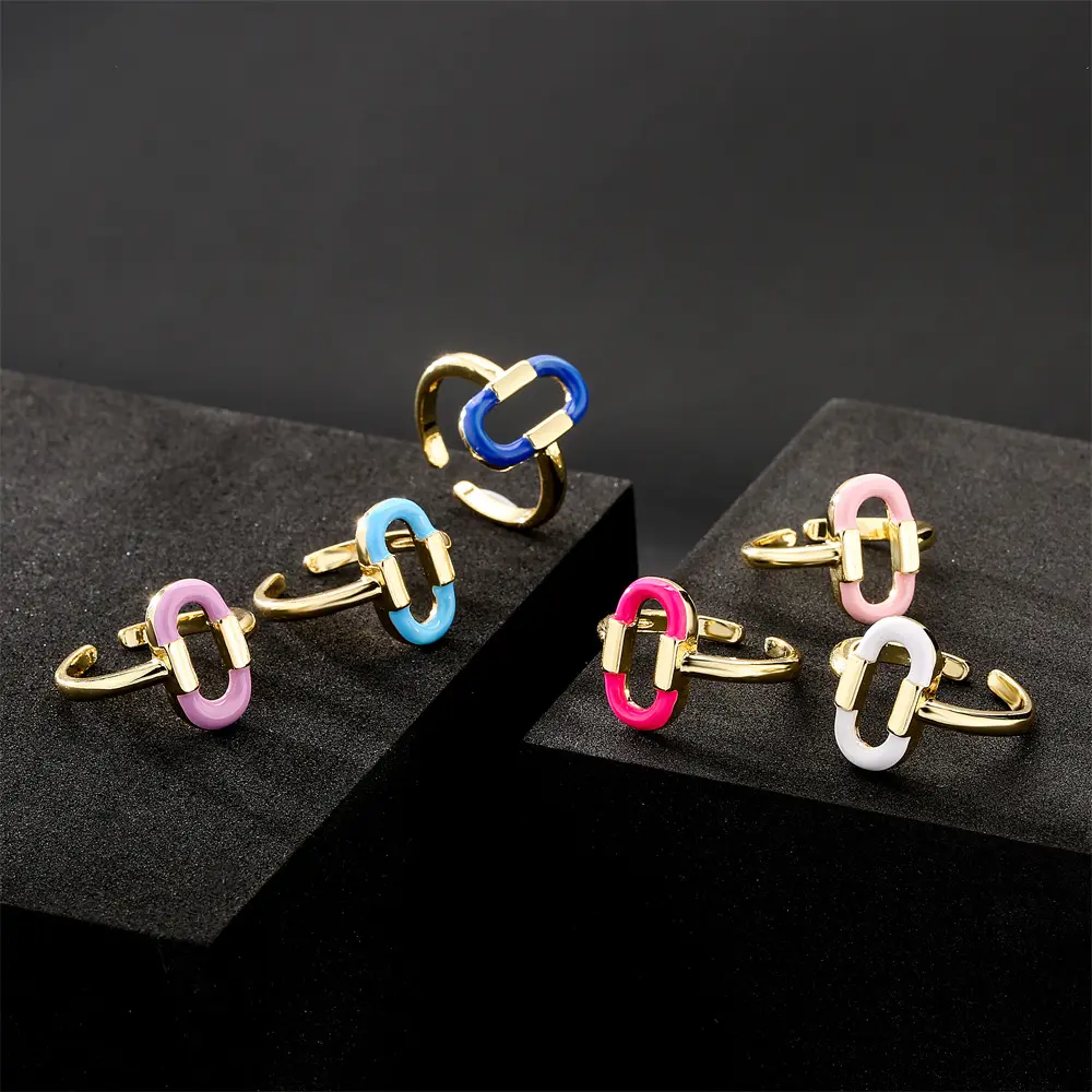 Real 18k Gold Plated Driping Oil O Shaped Adjustable Rings Colored Enamel Paperclip Open Finger Ring