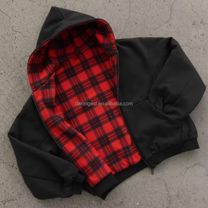 Fabricant de vêtements de haute qualité – Sweat à capuche zippé réversible double couche coupe courte et carrée à carreaux, effet délavé vintage, pour homme - Product Image 3