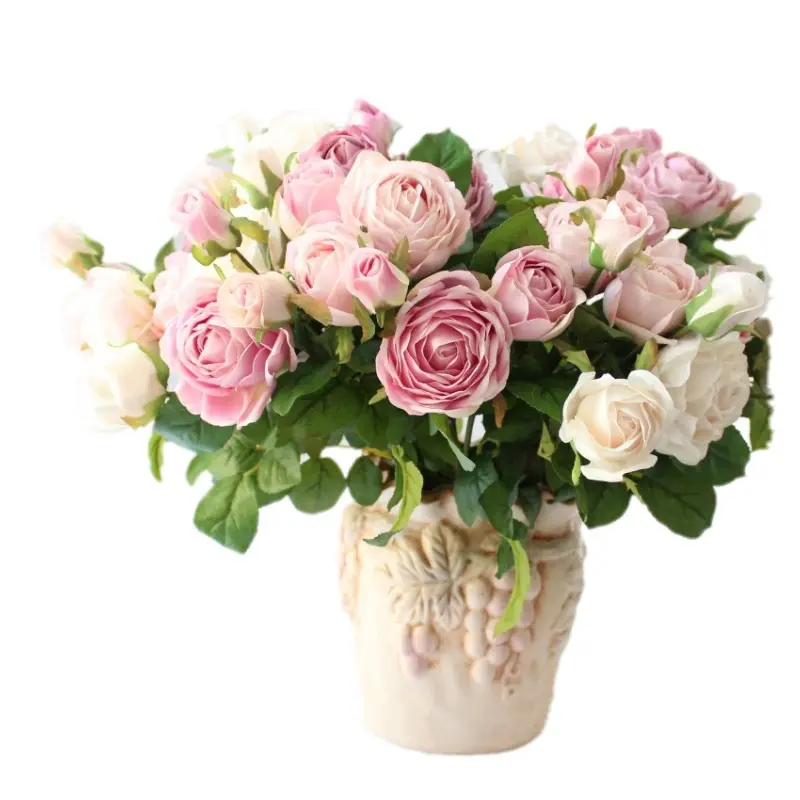 2023 Kunstmatige Goedkope Bloemenboeket 3 Bloemen Hoofd Kunstmatige Rozen Witte Zijde Nep Rozen Voor Valentijnsdag