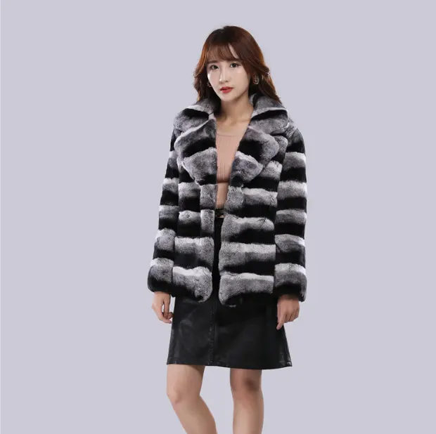 लक्जरी फैशन रेक्स कॉलर कोट के साथ लंबी आस्तीन मोटी गर्म फर सर्दियों महिलाओं असली चिनचिला फर कोट महिलाओं की जैकेट