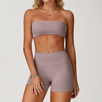 Ensemble de yoga transfrontalier en Spandex/Nylon brossé uni pour femme, tenue de fitness à effet push-up, séchage rapide, pour la course et le sport, avec haut bandeau