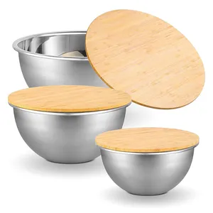 不锈钢搅拌碗嵌套服务碗，带竹盖食品储存餐准备沙拉烤碗，用于厨房烹饪