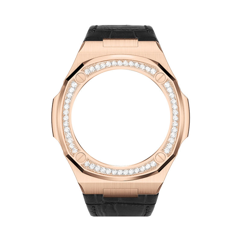 boîtier en or rose-bracelet en cuir noir