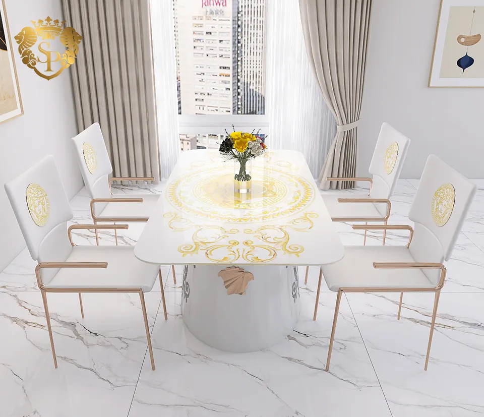 Muebles clásicos estilo italiano blanco y negro personalizado cuadrado mesa de comedor de lujo con 6 sillas mesa de comedor de piedra sinterizada