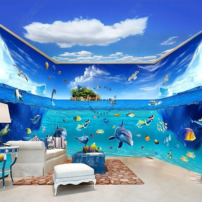 ورق حائط ثلاثي الأبعاد لاصق على شكل دلافين تحت الماء لخلفية المحيطات العالمية