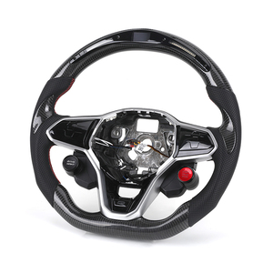 Volant en cuir semi-perforé avec bouton de démarrage, en fibre de carbone et LED pour VW Volkswagen <span class=keywords><strong>Golf</strong></span> R 6 7 7.5 8 MK8 MK7 8R Gti <span class=keywords><strong>Gtd</strong></span> - Product Image 1