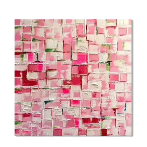 Lukisan minyak kisi kotak abstrak Modern kualitas tinggi dilukis tangan di atas kanvas untuk dekorasi dinding kamar lukisan pisau abstrak merah muda