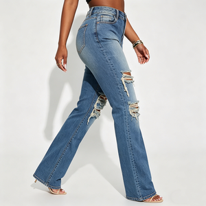 Jeans Skinny Strappati a Vita Alta in Denim Elasticizzato Taglie Forti da Donna e Ragazza con Buchi - Vendita all'Ingrosso - Product Image 5