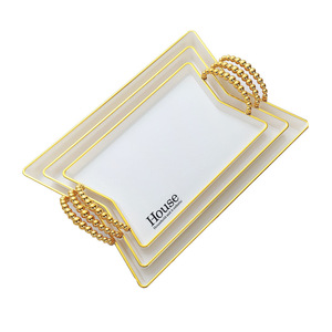 Ensemble de 3 plateaux à collation 3-en-1 en plastique blanc durable pour <span class=keywords><strong>table</strong></span> basse de salon, avec plateau à fruits secs à bord <span class=keywords><strong>doré</strong></span>, idéal pour les fêtes - Product Image 1