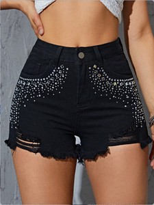 Shorts in denim da donna a vita alta, elasticizzati, strappati, con perline e strass neri, <span class=keywords><strong>super</strong></span> trendy per l'estate - Product Image 5